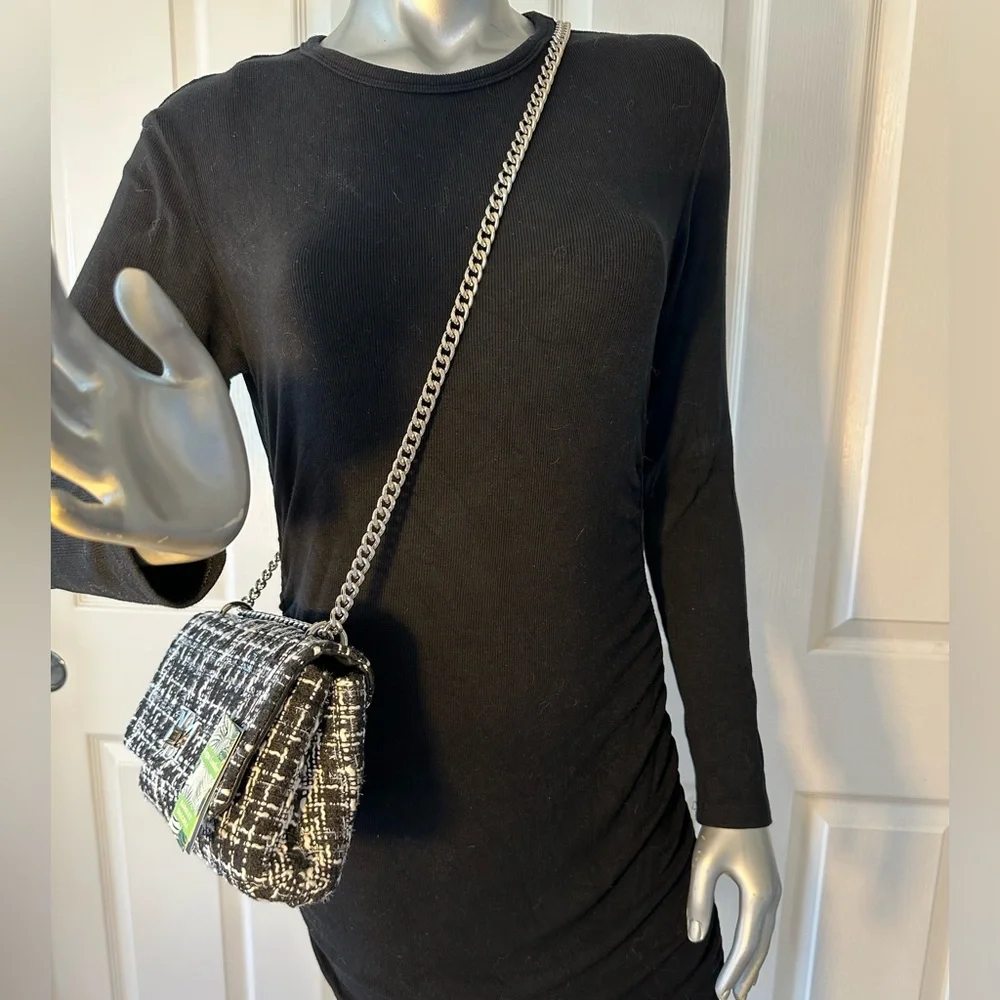 BADGLEY MISCHKA | Shimmer Tweed Adjustable Chain Strap Bag Black & White NWT
